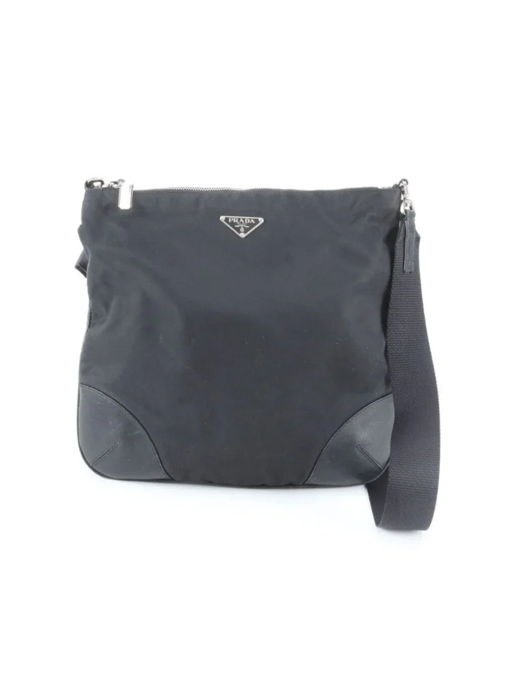 Prada Tessuto Nylon Triangle Logo Leather Shoulder Bag Crossbody Messenger Black